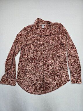 H&M Womens Leopard Print Button-Up Shirt Size 2 Red & Beige Long Sleeve Collared